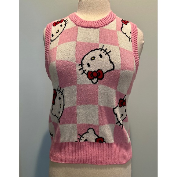 Hello Kitty Sweaters - Hello Kitty Sanrio Pink Checkered sleeveless sweater vest size XSmall